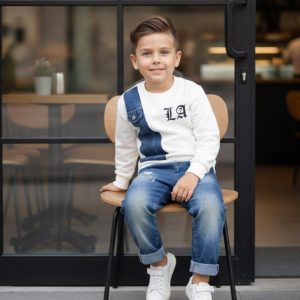 بلوز شلوار پسرونه تیکه دوزی جین،لباس بچگانه